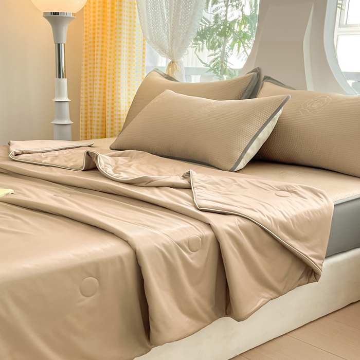 91家纺网 家纺一手货源 找家纺 欧邦 2025春夏新款提花冰豆豆床笠款夏被夏凉被空调被四件套-牡丹花系列 摩卡咖