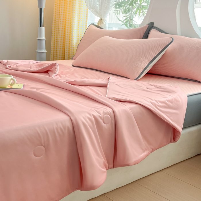 91家纺网 家纺一手货源 找家纺 欧邦 2025春夏新款提花冰豆豆床笠款夏被夏凉被空调被四件套-牡丹花系列 粉玉