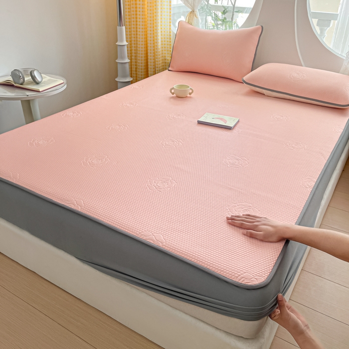 91家纺网 家纺一手货源 找家纺 欧邦 2025春夏新款提花冰豆豆床笠款夏被夏凉被空调被四件套-牡丹花系列 粉玉