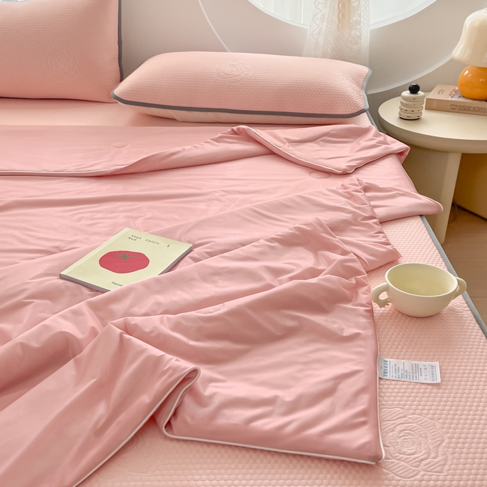 91家纺网 家纺一手货源 找家纺 欧邦 2025春夏新款提花冰豆豆床笠款夏被夏凉被空调被四件套-牡丹花系列 粉玉