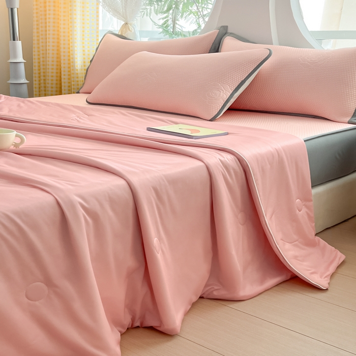 91家纺网 家纺一手货源 找家纺 欧邦 2025春夏新款提花冰豆豆床笠款夏被夏凉被空调被四件套-牡丹花系列 粉玉