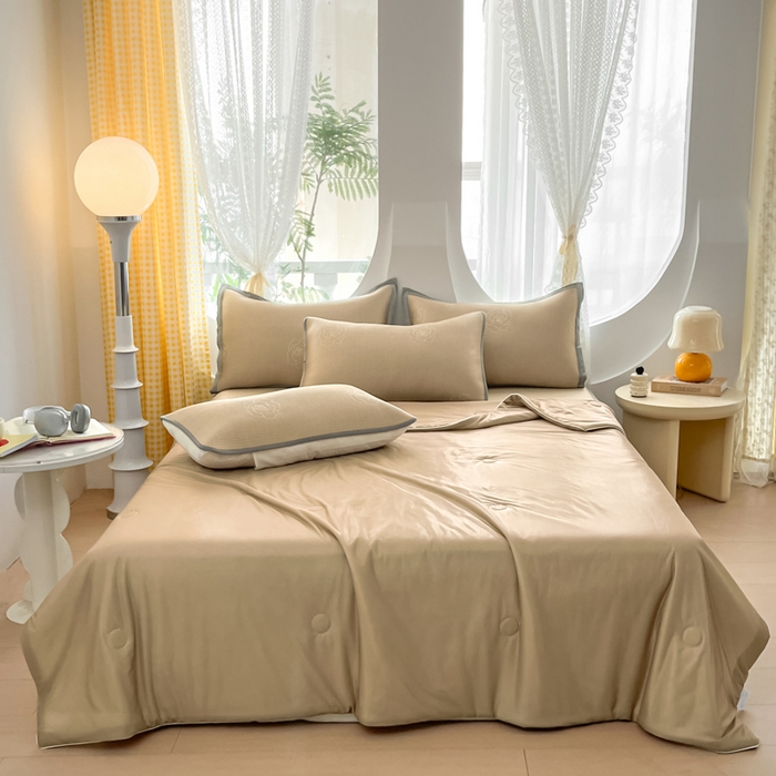 91家纺网 家纺一手货源 找家纺 欧邦 2025春夏新款提花冰豆豆床笠款夏被夏凉被空调被四件套-牡丹花系列 摩卡咖