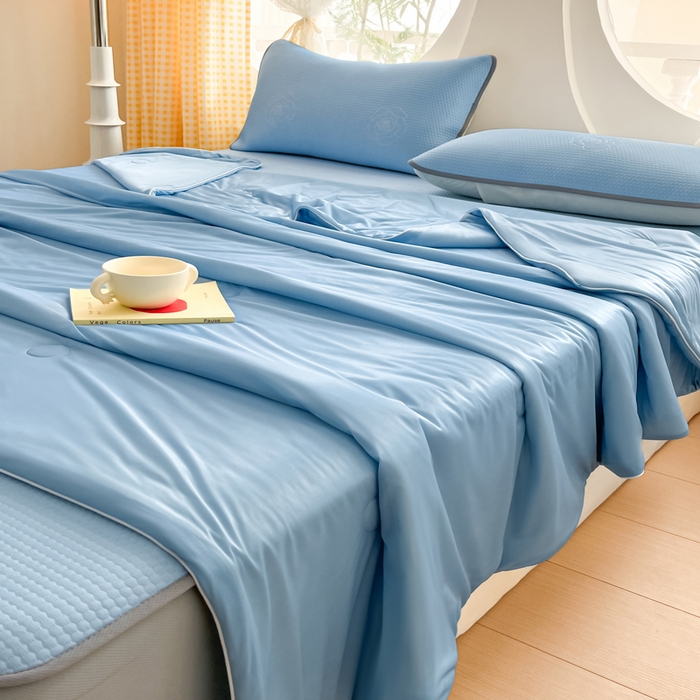 91家纺网 家纺一手货源 找家纺 欧邦 2025春夏新款提花冰豆豆床笠款夏被夏凉被空调被四件套-牡丹花系列 清雅蓝