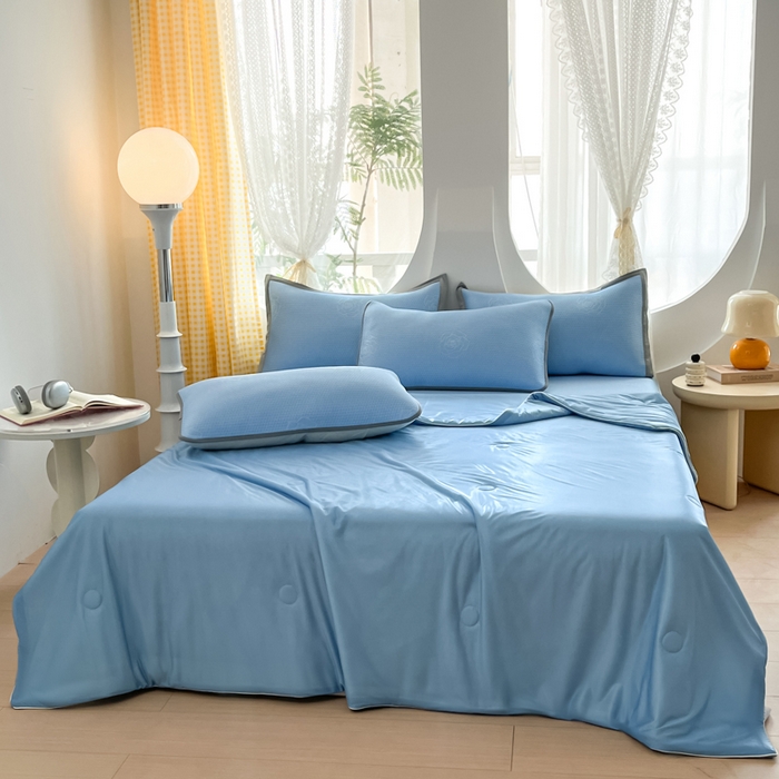 91家纺网 家纺一手货源 找家纺 欧邦 2025春夏新款提花冰豆豆床笠款夏被夏凉被空调被四件套-牡丹花系列 清雅蓝