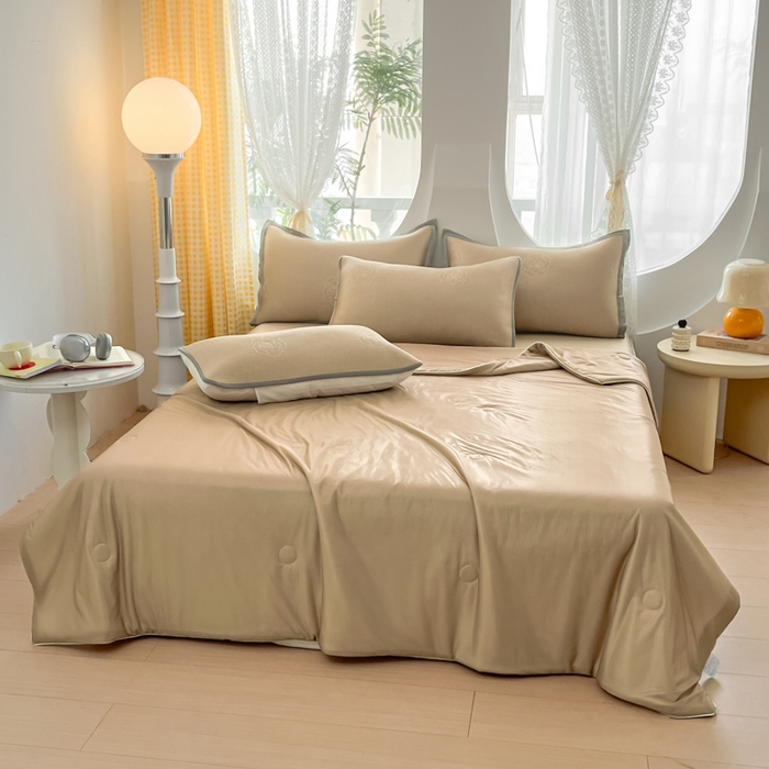 91家纺网 家纺一手货源 找家纺 欧邦 2025春夏新款提花冰豆豆床笠款夏被夏凉被空调被四件套-牡丹花系列 摩卡咖