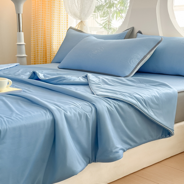 91家纺网 家纺一手货源 找家纺 欧邦 2025春夏新款提花冰豆豆床笠款夏被夏凉被空调被四件套-牡丹花系列 清雅蓝