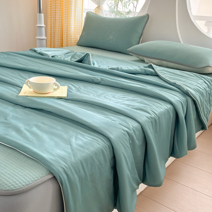 91家纺网 家纺一手货源 找家纺 欧邦 2025春夏新款提花冰豆豆床笠款夏被夏凉被空调被四件套-牡丹花系列 冰爽绿