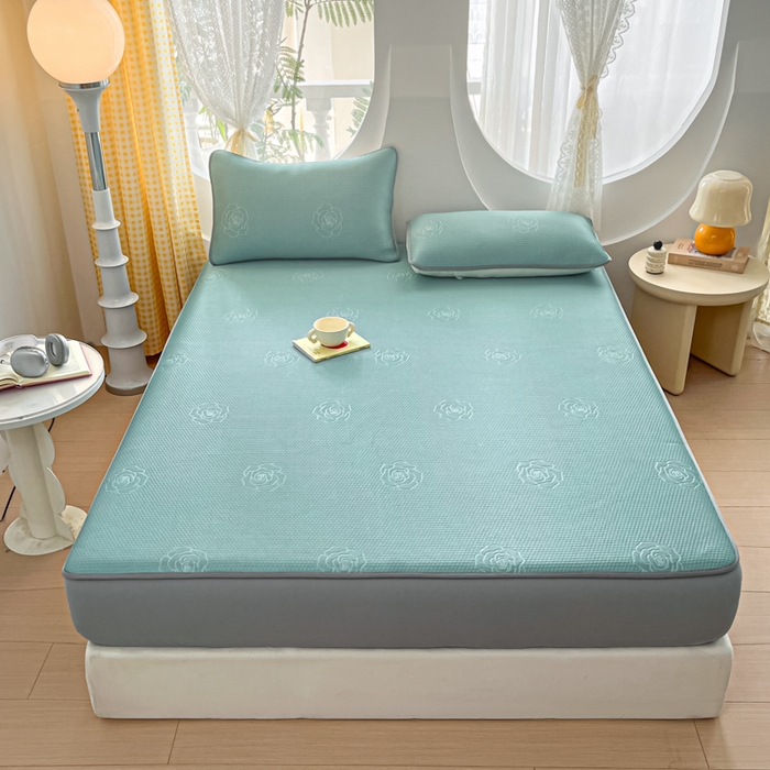 91家纺网 家纺一手货源 找家纺 欧邦 2025春夏新款提花冰豆豆床笠款夏被夏凉被空调被四件套-牡丹花系列 冰爽绿