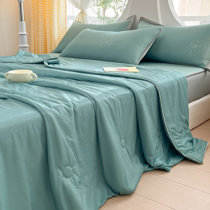 91家纺网 家纺一手货源 找家纺 欧邦 2025春夏新款提花冰豆豆床笠款夏被夏凉被空调被四件套-牡丹花系列 冰爽绿