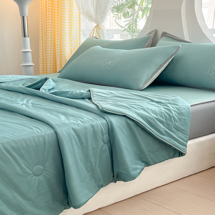 91家纺网 家纺一手货源 找家纺 欧邦 2025春夏新款提花冰豆豆床笠款夏被夏凉被空调被四件套-牡丹花系列 冰爽绿