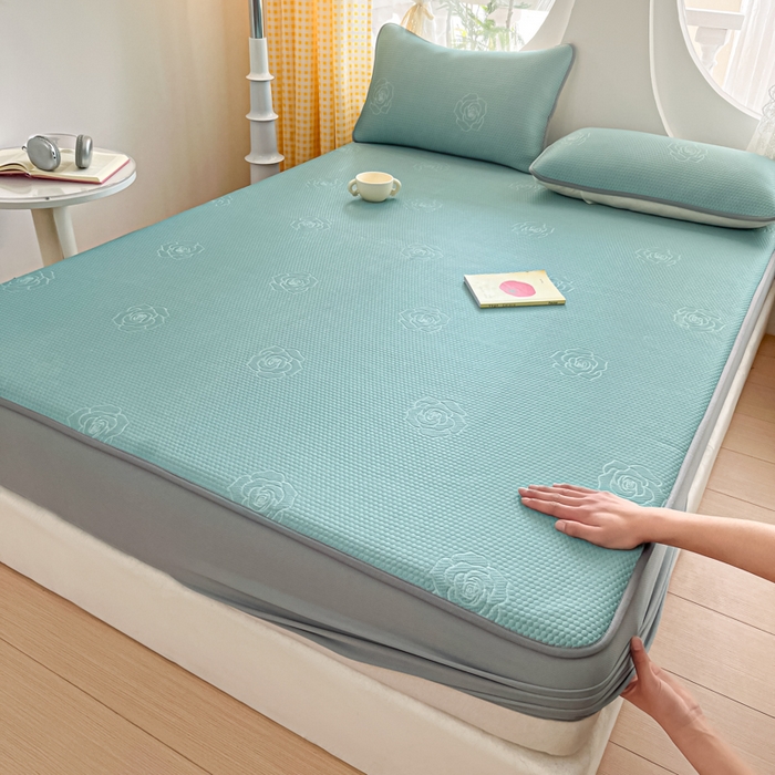 91家纺网 家纺一手货源 找家纺 欧邦 2025春夏新款提花冰豆豆床笠款夏被夏凉被空调被四件套-牡丹花系列 冰爽绿