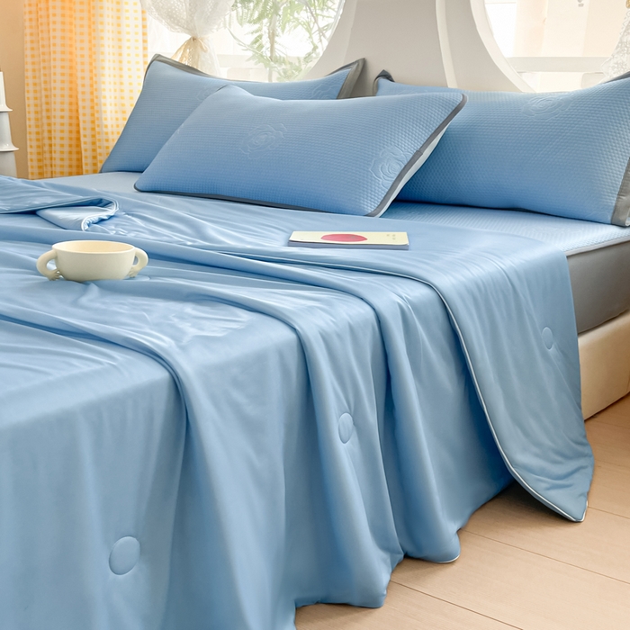 91家纺网 家纺一手货源 找家纺 欧邦 2025春夏新款提花冰豆豆床笠款夏被夏凉被空调被四件套-牡丹花系列 清雅蓝