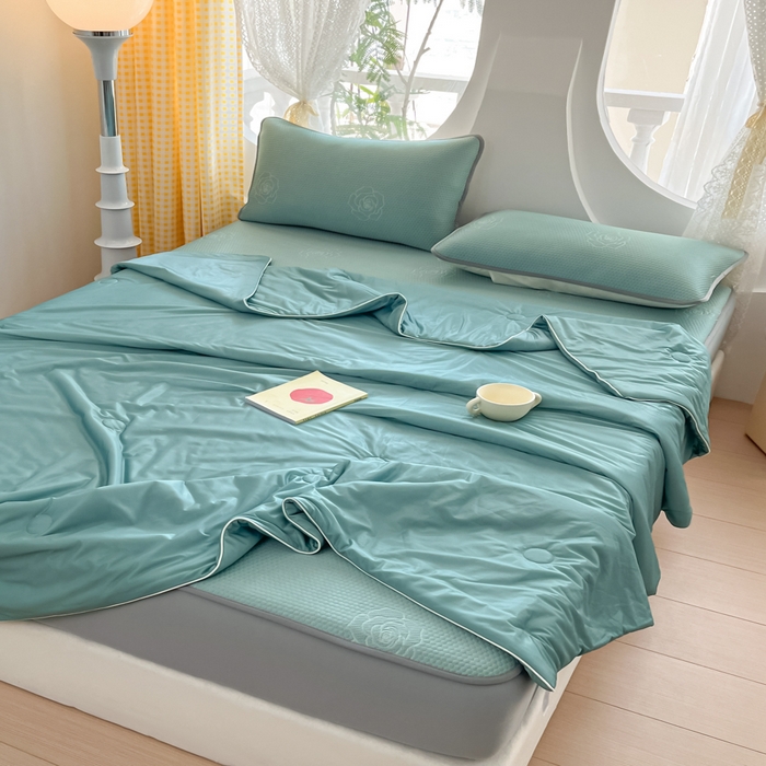 91家纺网 家纺一手货源 找家纺 欧邦 2025春夏新款提花冰豆豆床笠款夏被夏凉被空调被四件套-牡丹花系列 冰爽绿