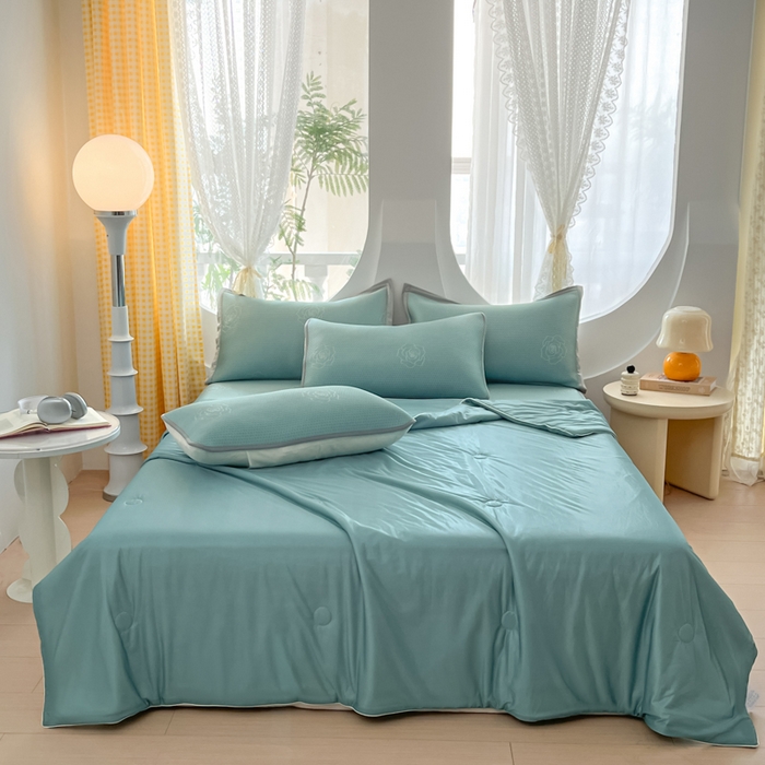 91家纺网 家纺一手货源 找家纺 欧邦 2025春夏新款提花冰豆豆床笠款夏被夏凉被空调被四件套-牡丹花系列 冰爽绿