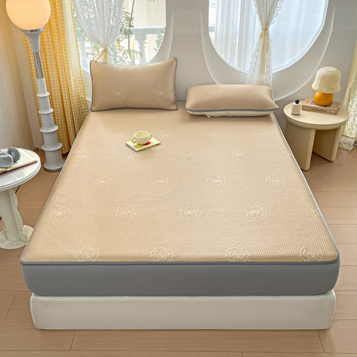 91家纺网 家纺一手货源 找家纺 欧邦 2025春夏新款提花冰豆豆床笠款夏被夏凉被空调被四件套-牡丹花系列 摩卡咖