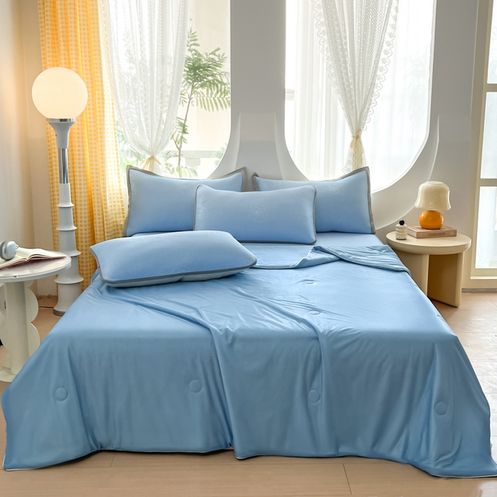 91家纺网 家纺一手货源 找家纺 欧邦 2025春夏新款提花冰豆豆床笠款夏被夏凉被空调被四件套-牡丹花系列 清雅蓝