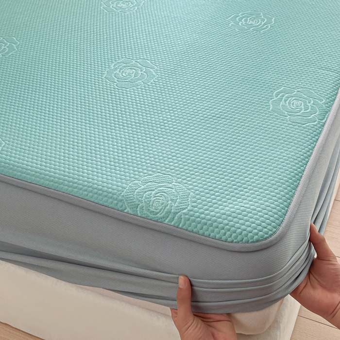 91家纺网 家纺一手货源 找家纺 欧邦 2025春夏新款提花冰豆豆床笠款夏被夏凉被空调被四件套-牡丹花系列 冰爽绿