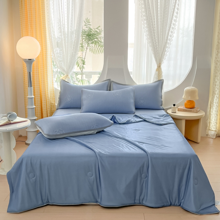 91家纺网 家纺一手货源 找家纺 欧邦 2025春夏新款提花冰豆豆床笠款夏被夏凉被空调被四件套-牡丹花系列 蓝灰