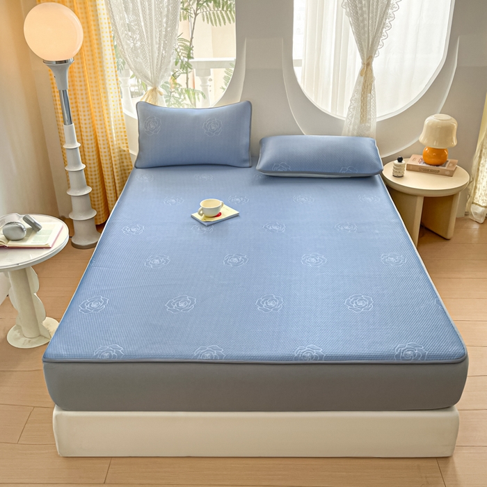 91家纺网 家纺一手货源 找家纺 欧邦 2025春夏新款提花冰豆豆床笠款夏被夏凉被空调被四件套-牡丹花系列 蓝灰