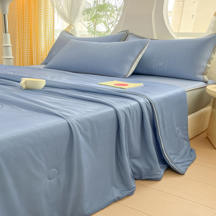 91家纺网 家纺一手货源 找家纺 欧邦 2025春夏新款提花冰豆豆床笠款夏被夏凉被空调被四件套-牡丹花系列 蓝灰