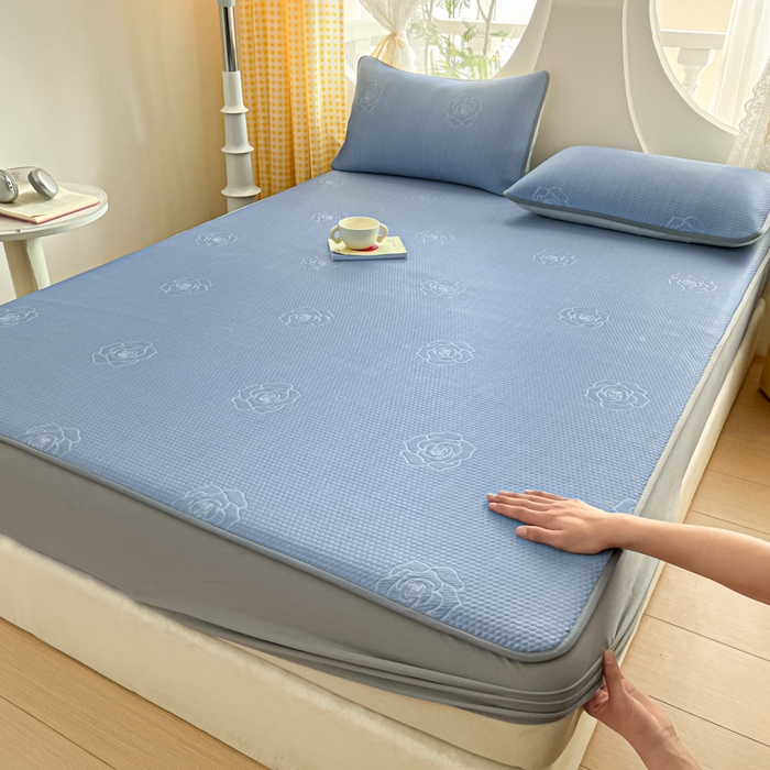 91家纺网 家纺一手货源 找家纺 欧邦 2025春夏新款提花冰豆豆床笠款夏被夏凉被空调被四件套-牡丹花系列 蓝灰