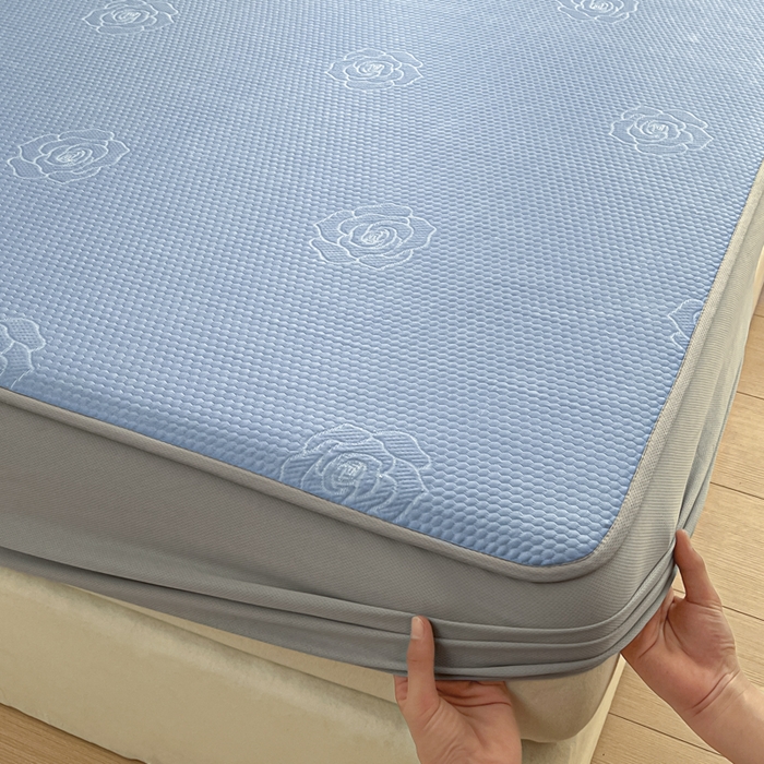 91家纺网 家纺一手货源 找家纺 欧邦 2025春夏新款提花冰豆豆床笠款夏被夏凉被空调被四件套-牡丹花系列 蓝灰