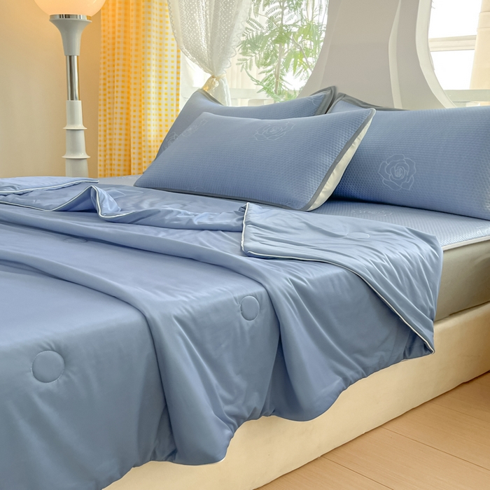 91家纺网 家纺一手货源 找家纺 欧邦 2025春夏新款提花冰豆豆床笠款夏被夏凉被空调被四件套-牡丹花系列 蓝灰