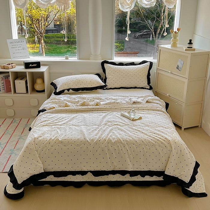 91家纺网 家纺一手货源 找家纺 （总）美梦家纺 2025新款水洗棉花边夹棉床盖款四件套,波点,蝴蝶,玫瑰花园,樱桃,澜音花香