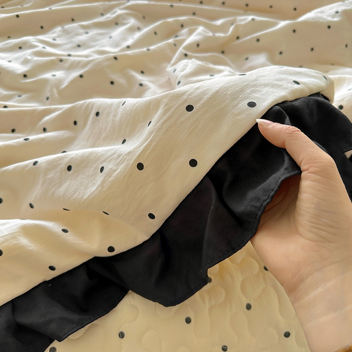 91家纺网 家纺一手货源 找家纺 美梦家纺 2025新款水洗棉花边夹棉床盖款四件套 波点