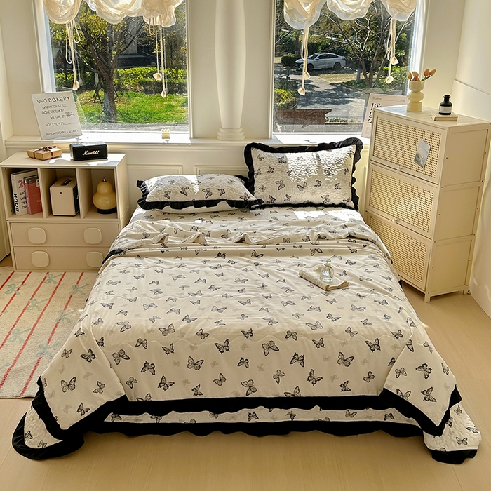 美梦家纺 2025新款水洗棉花边夹棉床盖款四件套 蝴蝶