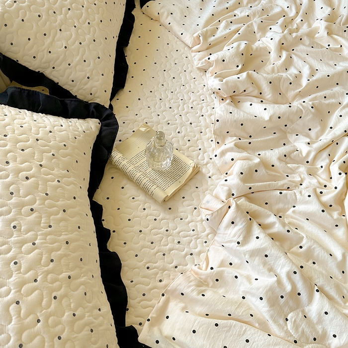 91家纺网 家纺一手货源 找家纺 美梦家纺 2025新款水洗棉花边夹棉床盖款四件套 波点