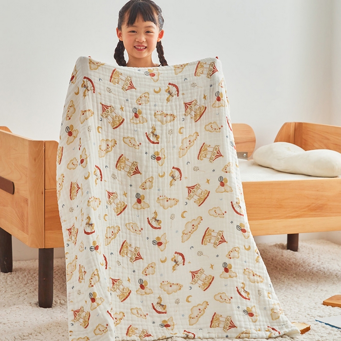 91家纺网 家纺一手货源 找家纺 嗨生活 2025新款A类婴幼儿童夏凉空调被子浴巾六层纱布毛巾被纯棉办公室幼儿园午睡盖毯子 旋转木马