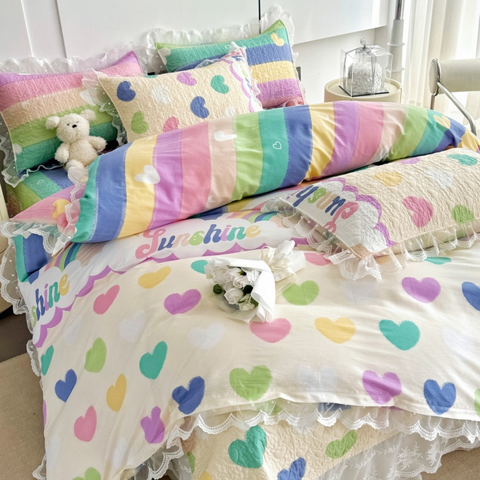 91家纺网 家纺一手货源 找家纺 添越 2024新款雪纺蕾丝款纯棉床盖四件套小彩虹