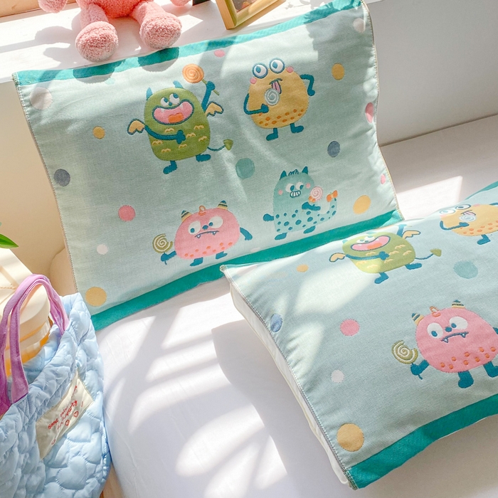 91家纺网 家纺一手货源 找家纺 美宜家 2025新款40*60儿童纯棉A类纱布枕巾乳胶专用高档枕巾 波点兽 一只