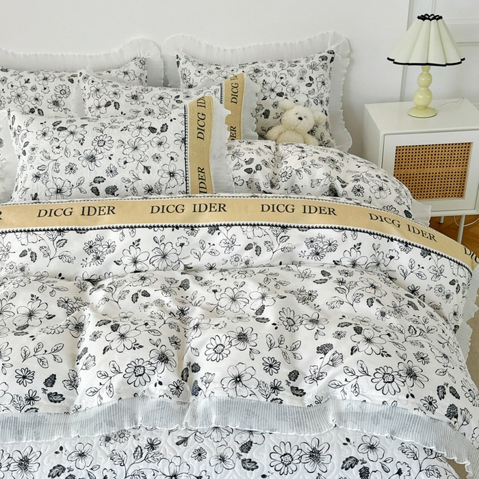 91家纺网 家纺一手货源 找家纺 添越 2024小清新韩版蕾丝花边纯棉夹棉床盖三件套全棉洛莉