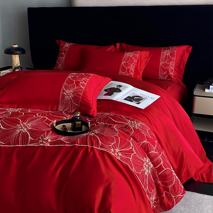 91家纺网 家纺一手货源 找家纺 优悦 2025新款冰丝简奢绣花四件套 北欧情调-红