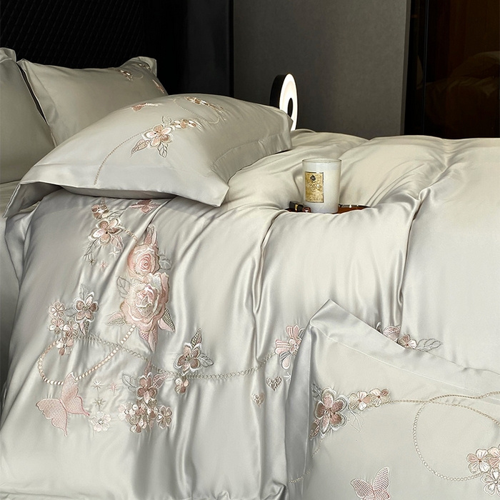 91家纺网 家纺一手货源 找家纺 优悦 2025新款冰丝简奢绣花四件套 雅韵佳人-绿