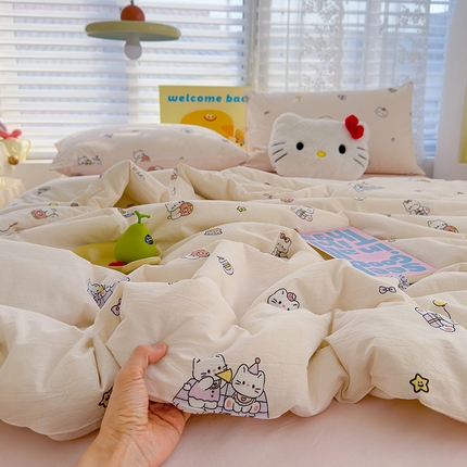 颜选 2025新款绵柔水洗棉夏被四件套 可可猫咪