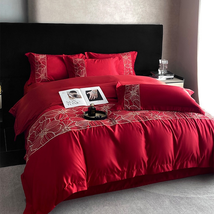 91家纺网 家纺一手货源 找家纺 优悦 2025新款冰丝简奢绣花四件套 北欧情调-红