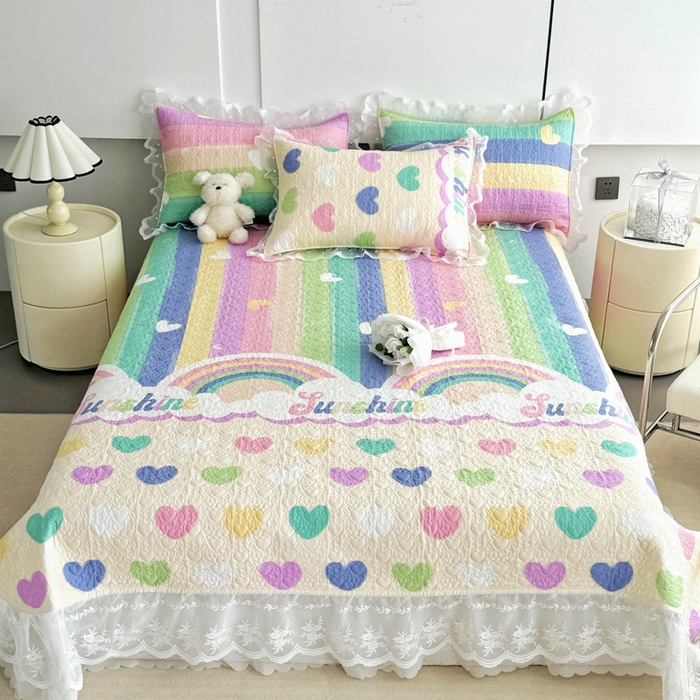 91家纺网 家纺一手货源 找家纺 添越 2024新款雪纺蕾丝款纯棉床盖四件套小彩虹