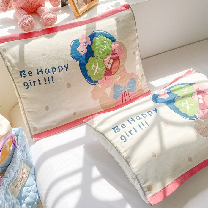 91家纺网 家纺一手货源 找家纺 美宜家 2025新款40*60儿童纯棉A类纱布枕巾乳胶专用高档枕巾 快乐 一只