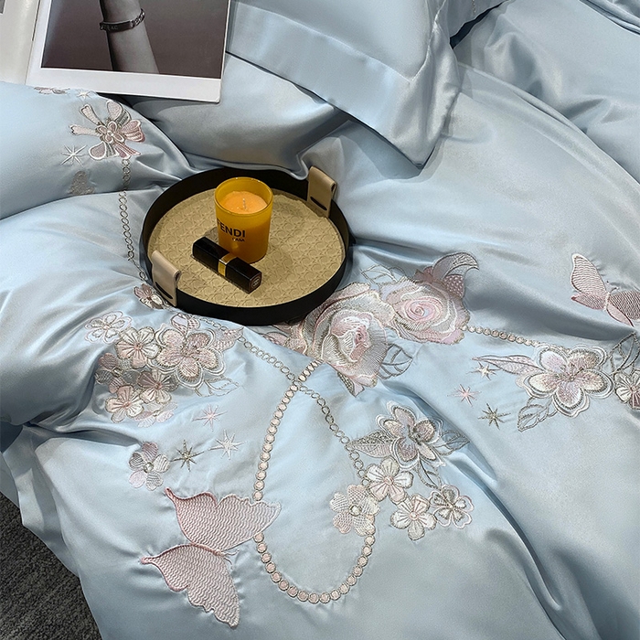 91家纺网 家纺一手货源 找家纺 优悦 2025新款冰丝简奢绣花四件套 雅韵佳人-蓝