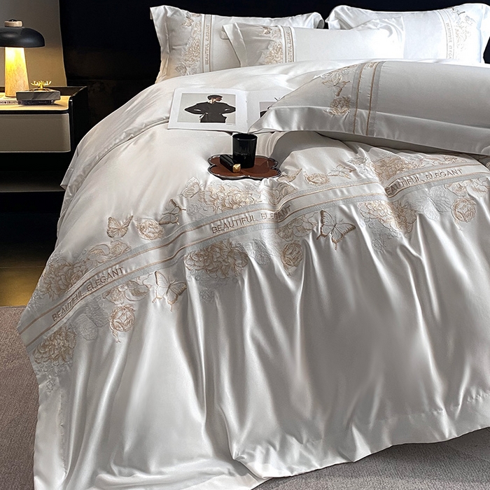 91家纺网 家纺一手货源 找家纺 优悦 2025新款冰丝简奢绣花四件套 巴黎旧梦-白