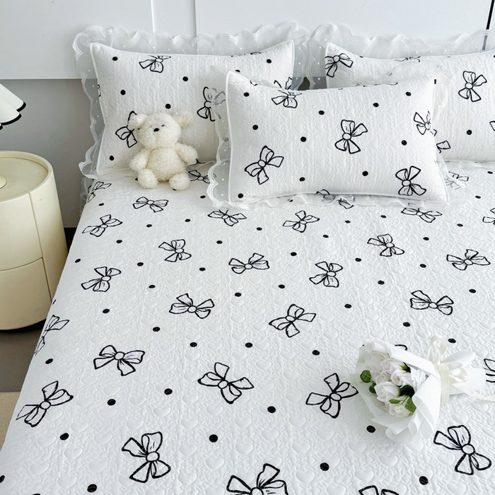 91家纺网 家纺一手货源 找家纺 添越 2024新款雪纺蕾丝款纯棉床盖四件套白色蝴蝶结