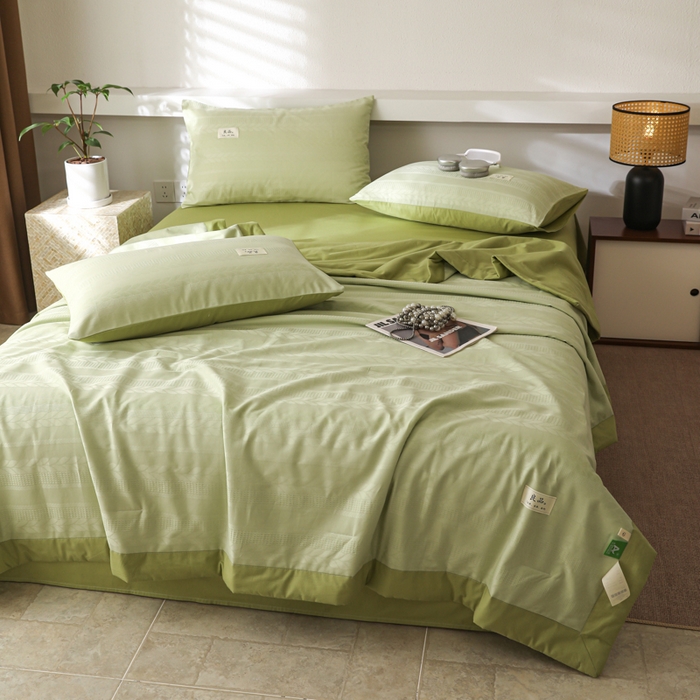 91家纺网 家纺一手货源 找家纺 眠博士 2025新款A类全棉波纹纱提花大豆纤维追忆包边夏被四件套 麦穗夏被-麦穗绿