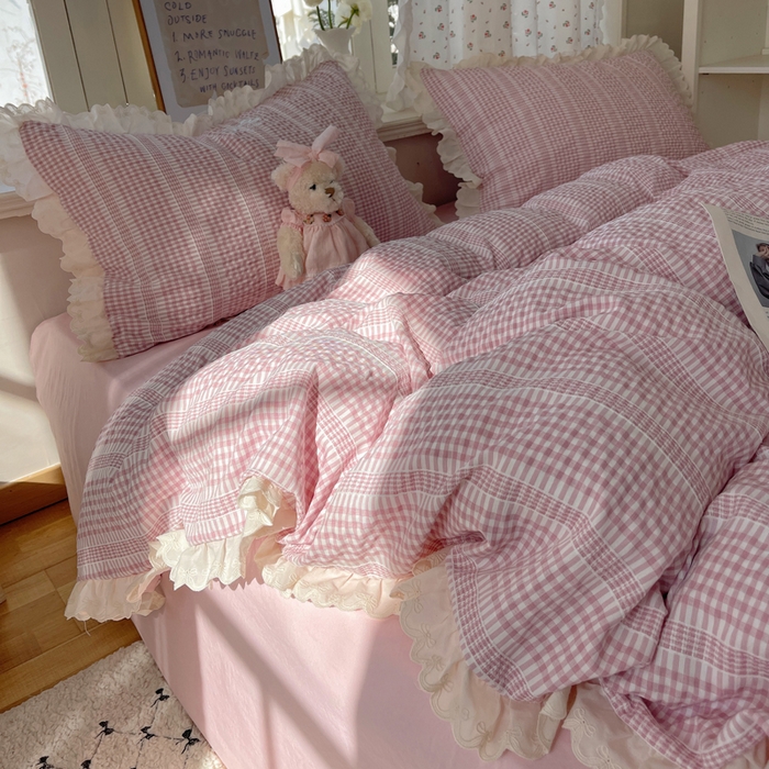 91家纺网 家纺一手货源 找家纺 （总）轻奢坊 2025新款色织提花格子水洗棉仙仙花边安妮四件套