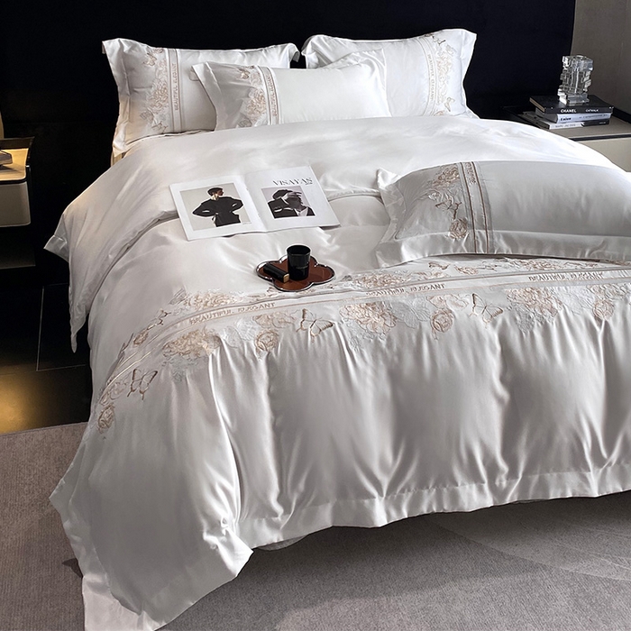 91家纺网 家纺一手货源 找家纺 优悦 2025新款冰丝简奢绣花四件套 巴黎旧梦-白