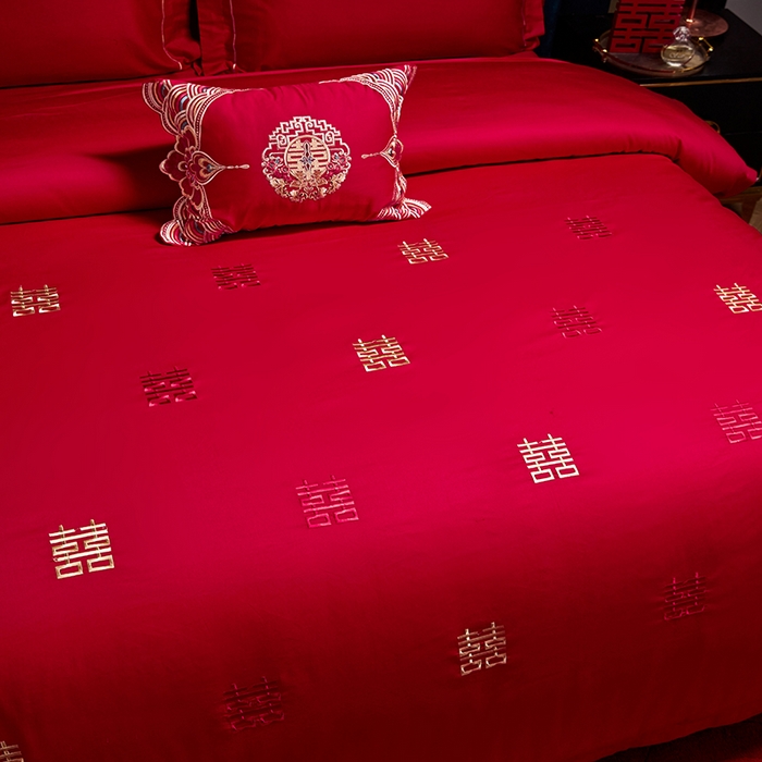 91家纺网 家纺一手货源 找家纺 晶缦家纺 2025新款喷气全棉13376婚庆绣花四件套 吾家有喜