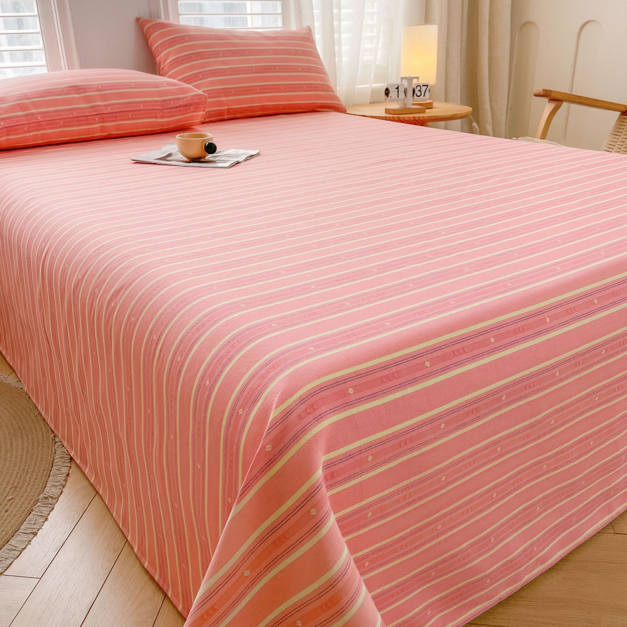 91家纺网 家纺一手货源 找家纺 美梦里 2025新款无印老粗布床单凉席席子 流年粉