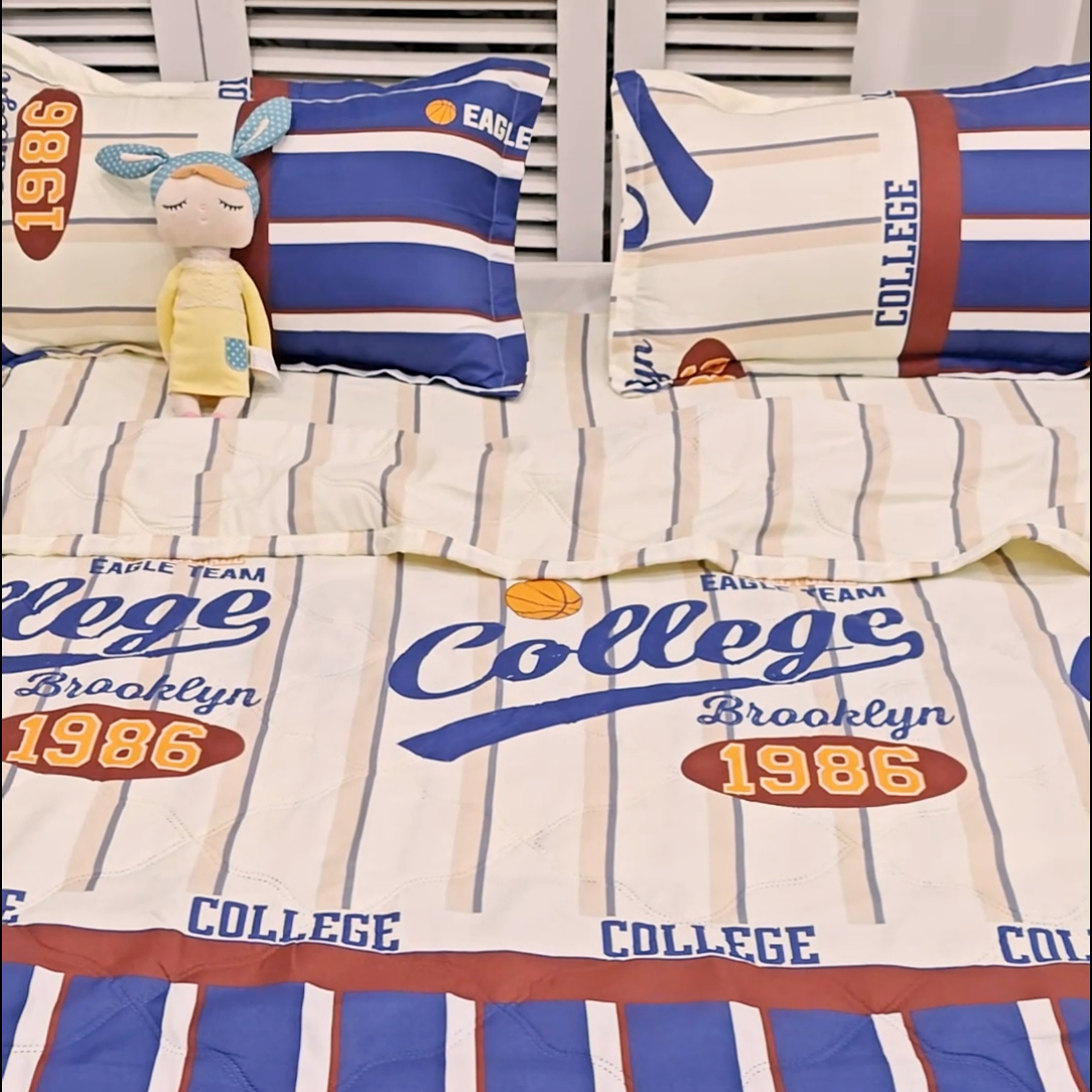 91家纺网 家纺一手货源 找家纺 乐居坊2025新款亲肤舒适印花芦荟棉夏凉被四件套 高校风云